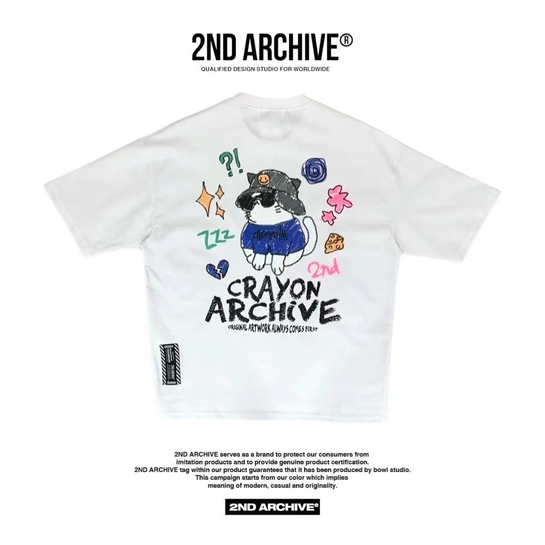 【一口價$277/件】🇰🇷韓國直送🇰🇷 2ND ARCHIVE Crayon Cat Short Sleeve Tee - 4 Color