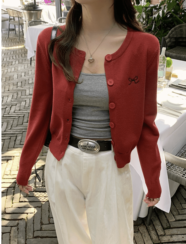 日本直送Ribbon Embroidery Short Length Knitted Cardiga - HLY & CHOCCICO