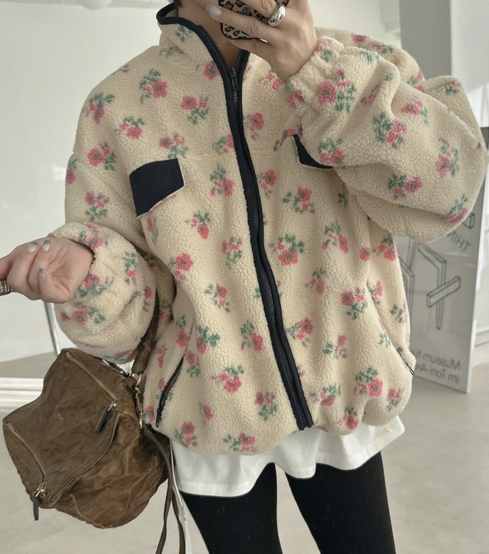 韓國直送Floral Fleece Zip Jacket