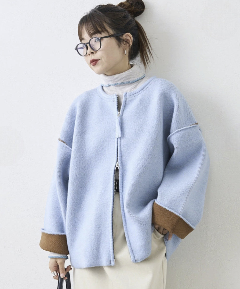 日本直送Double Zip Color Scheme yak like knit cardigan