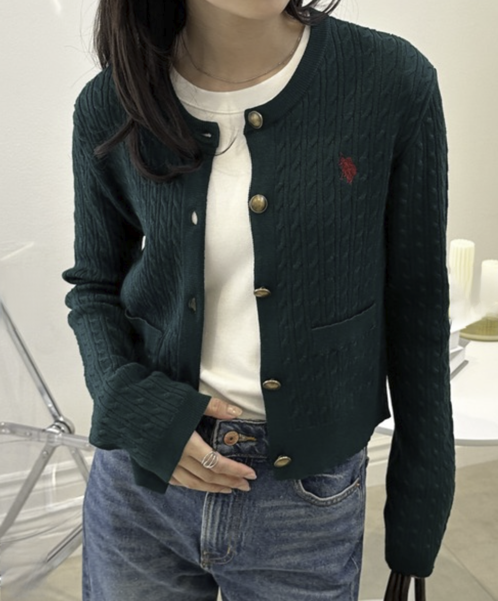 日本直送26SS U.S.POLO ASSN. Gold Button Embroidered Cable Knitted Cardigan