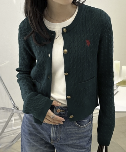 日本直送26SS U.S.POLO ASSN. Gold Button Embroidered Cable Knitted Cardigan