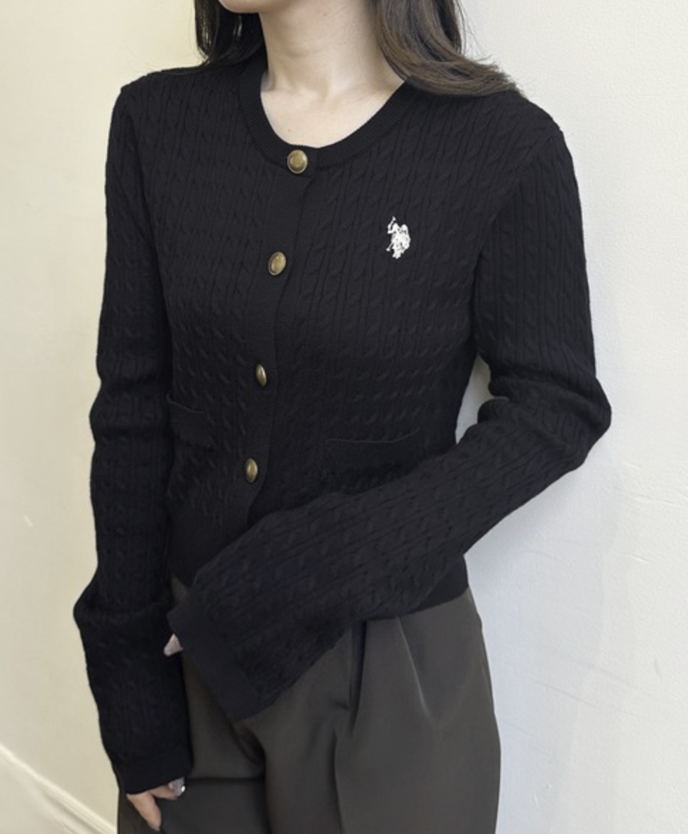 日本直送26SS U.S.POLO ASSN. Gold Button Embroidered Cable Knitted Cardigan