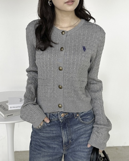 日本直送26SS U.S.POLO ASSN. Gold Button Embroidered Cable Knitted Cardigan