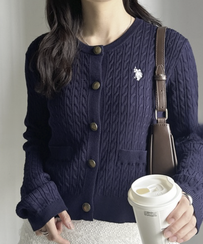 日本直送26SS U.S.POLO ASSN. Gold Button Embroidered Cable Knitted Cardigan