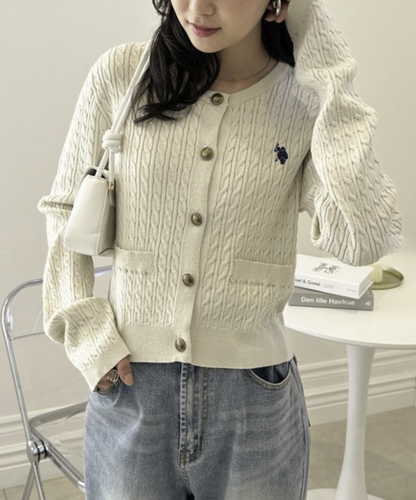 日本直送26SS U.S.POLO ASSN. Gold Button Embroidered Cable Knitted Cardigan