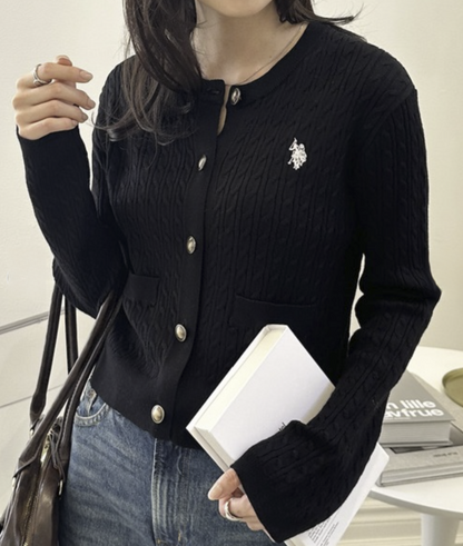 日本直送26SS U.S.POLO ASSN. Gold Button Embroidered Cable Knitted Cardigan
