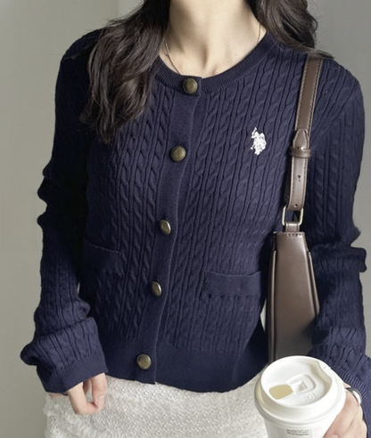 日本直送26SS U.S.POLO ASSN. Gold Button Embroidered Cable Knitted Cardigan