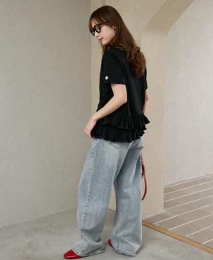 日本直送 (限量版) MARY QUANT × PULUX Hem Tiered Switching Logo Tee