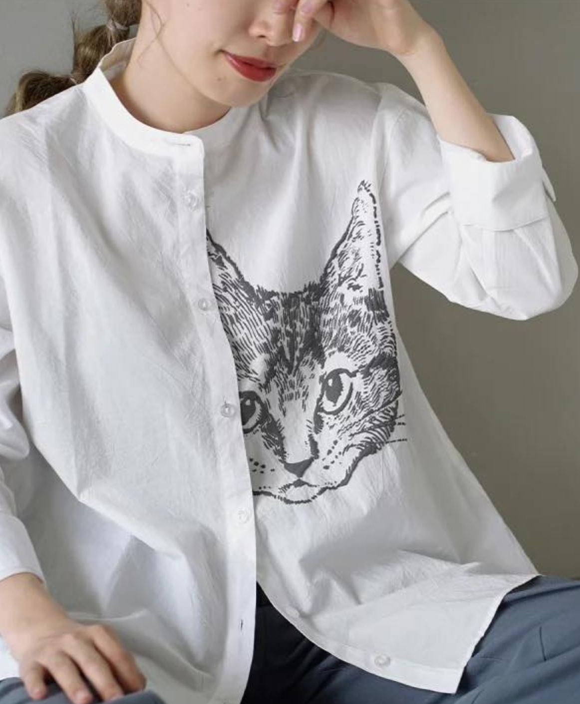 日本直送 Cat Face Embroidery Style Printed Shirt