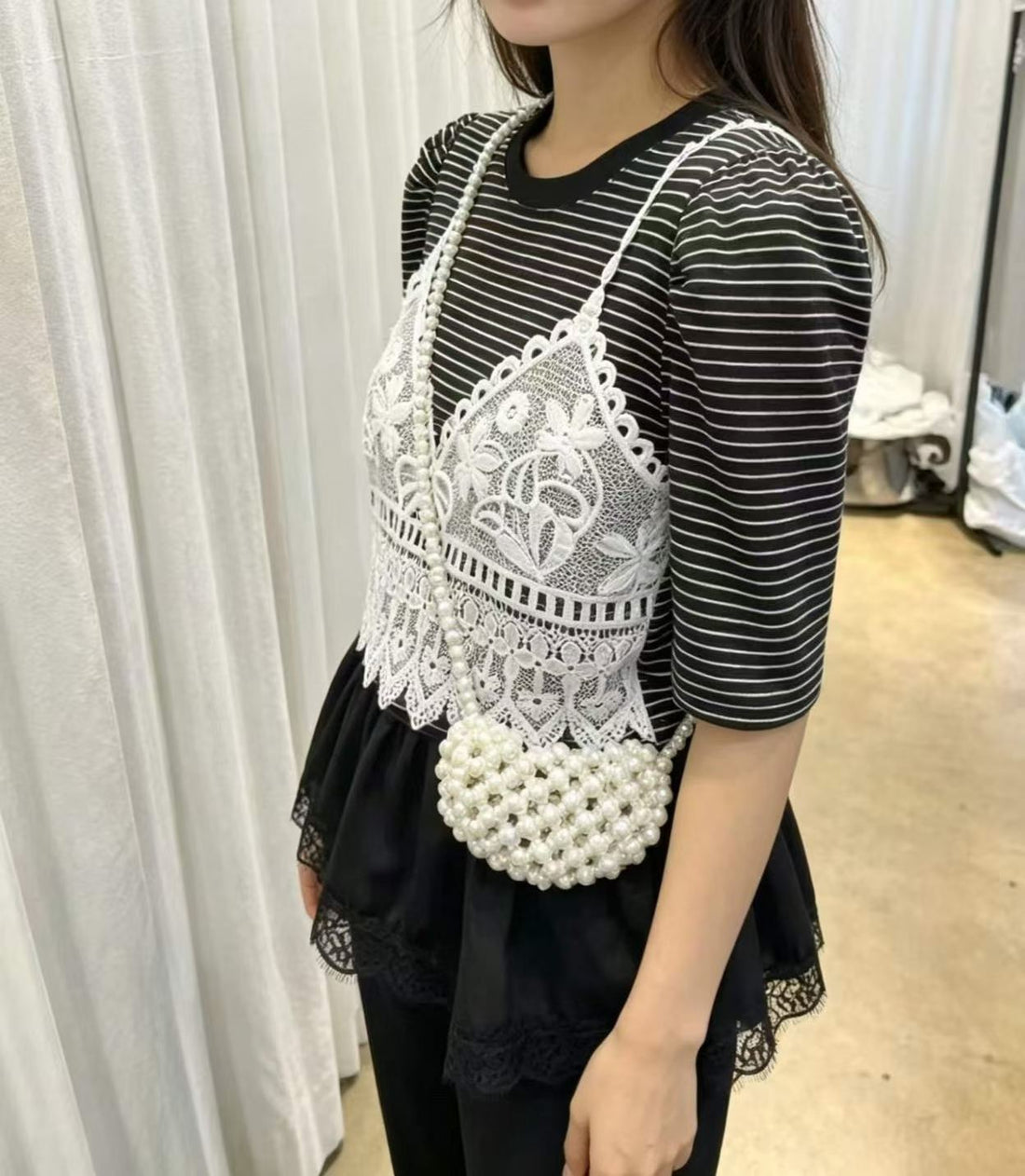 韓國直送Lace Camisole Illusion Striped Top