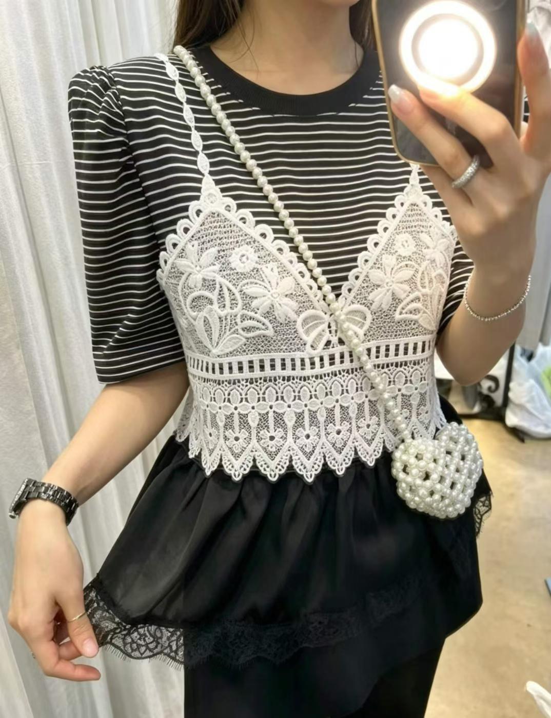 Korean Direct Lace Camisole Illusion Striped Top