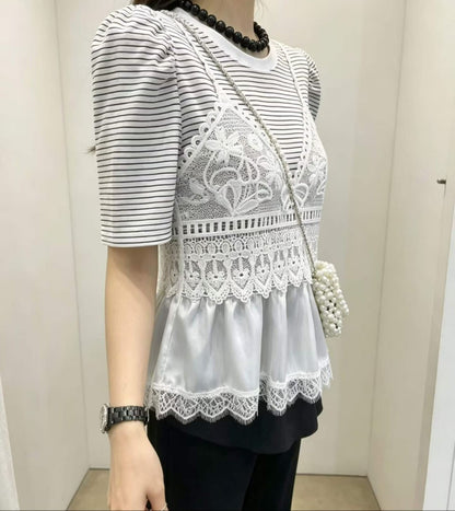 Korean Direct Lace Camisole Illusion Striped Top