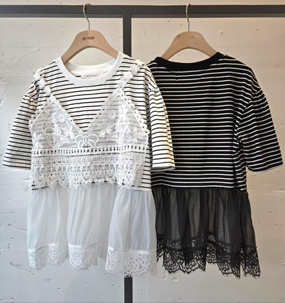 Korean Direct Lace Camisole Illusion Striped Top
