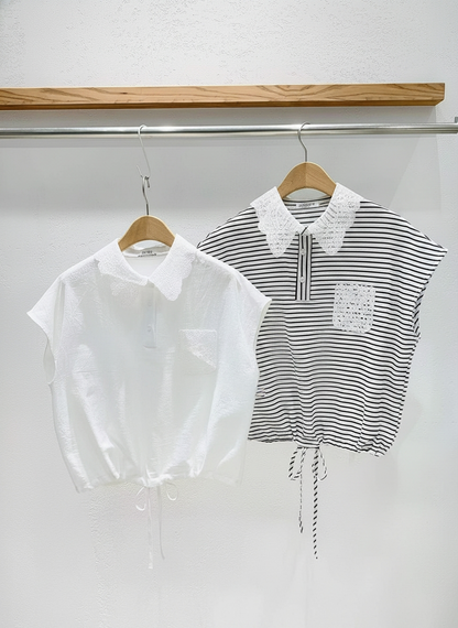韓國直送French Vintage Cap-Sleeve Polo