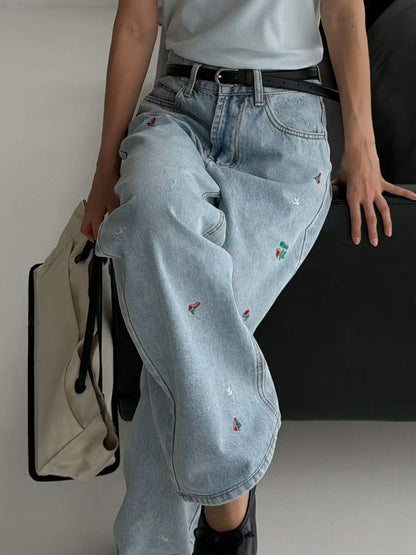 韓國直送Marie Sweetie Embroidered Wide-Leg Jeans