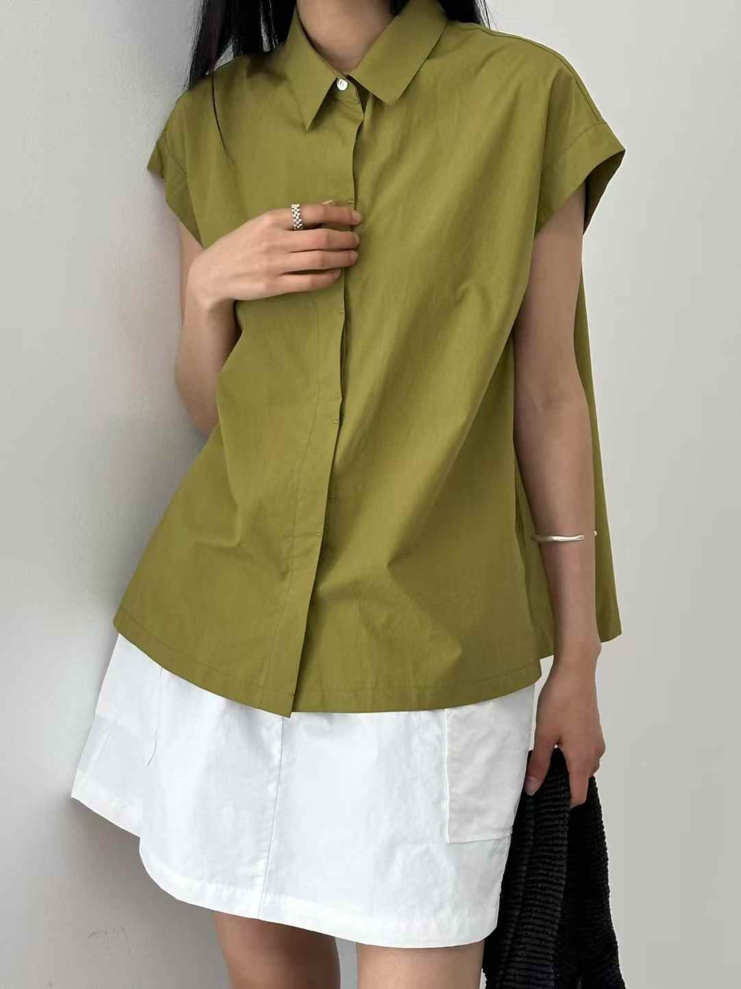 Korean Direct Shipping Minimalist Cap-Sleeve Button-Up Shirt