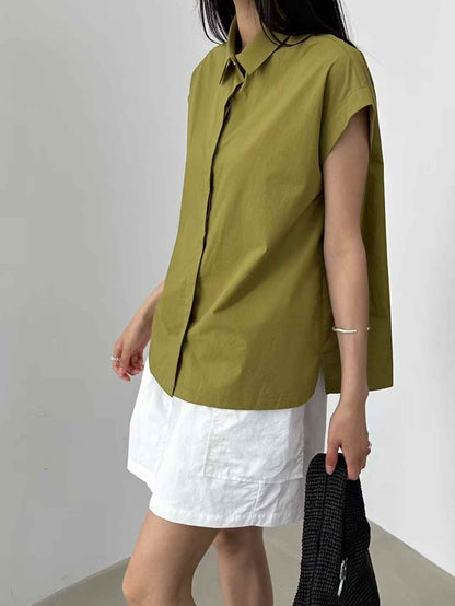 Korean Direct Shipping Minimalist Cap-Sleeve Button-Up Shirt