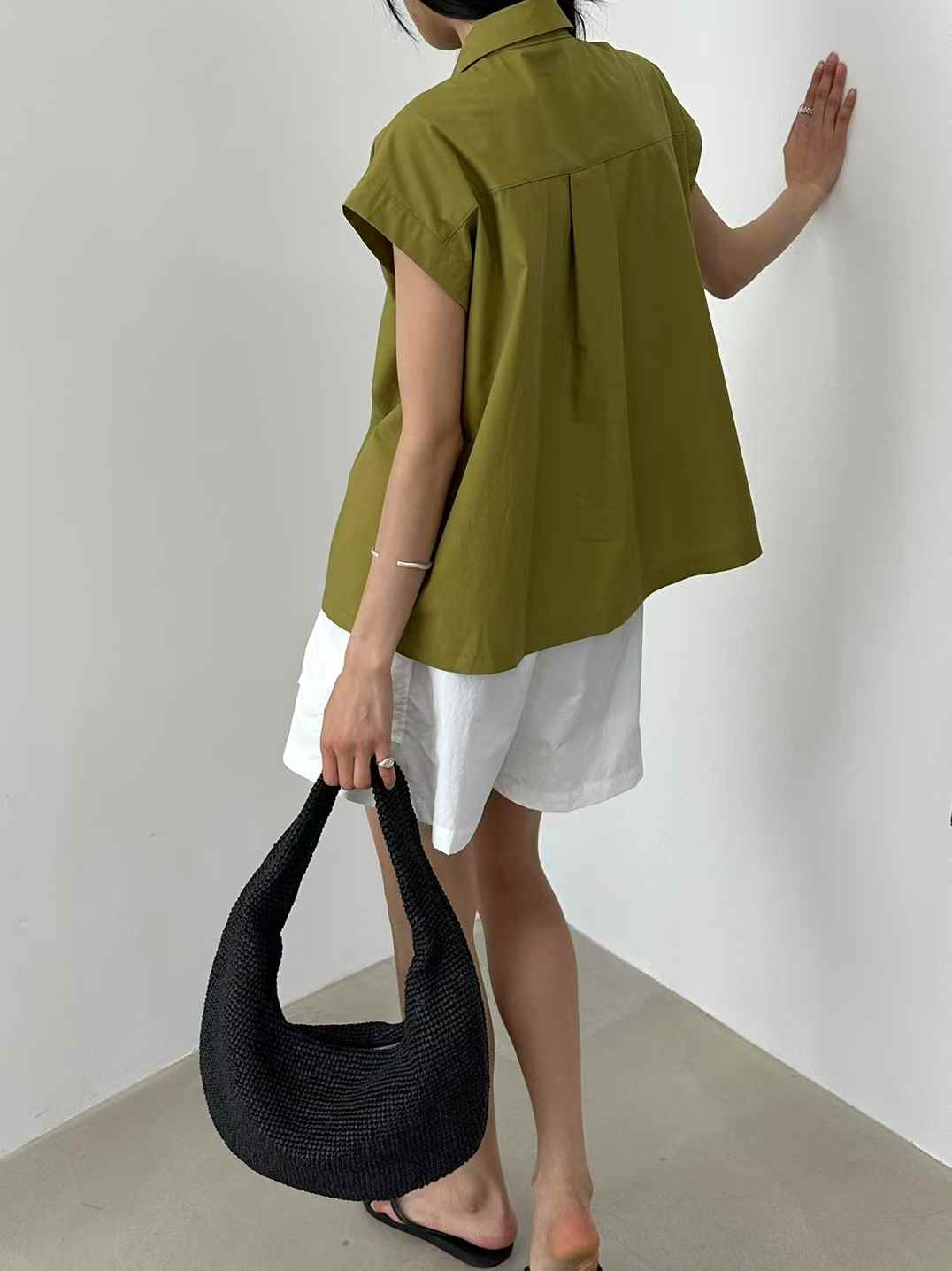 Korean Direct Shipping Minimalist Cap-Sleeve Button-Up Shirt