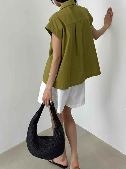 Korean Direct Shipping Minimalist Cap-Sleeve Button-Up Shirt