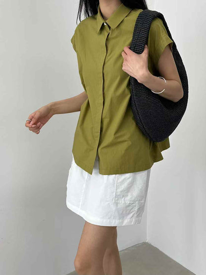 Korean Direct Shipping Minimalist Cap-Sleeve Button-Up Shirt