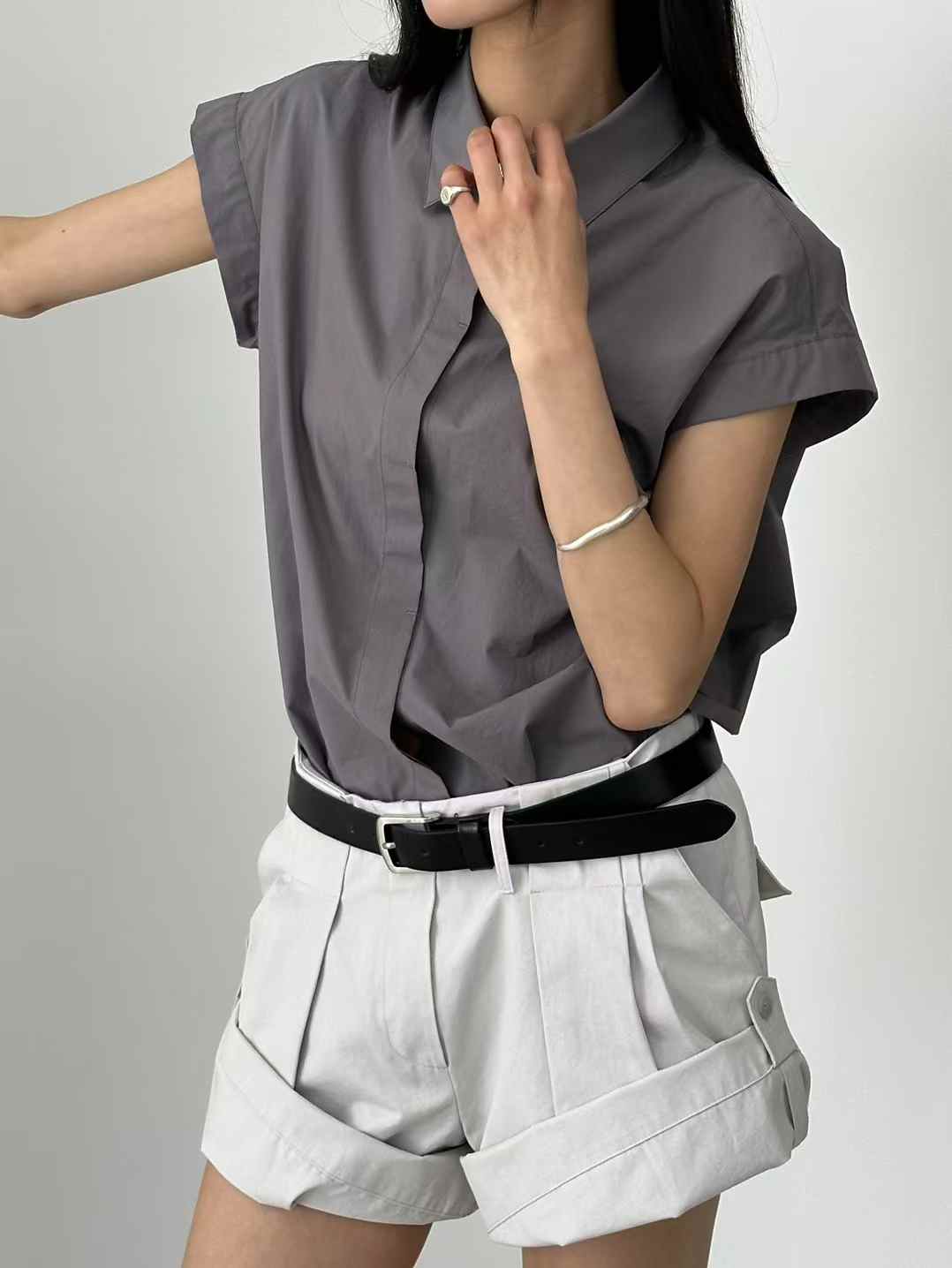 Korean Direct Shipping Minimalist Cap-Sleeve Button-Up Shirt