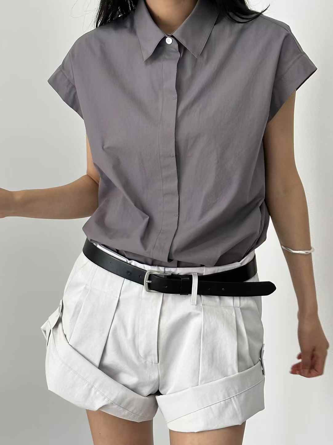 Korean Direct Shipping Minimalist Cap-Sleeve Button-Up Shirt