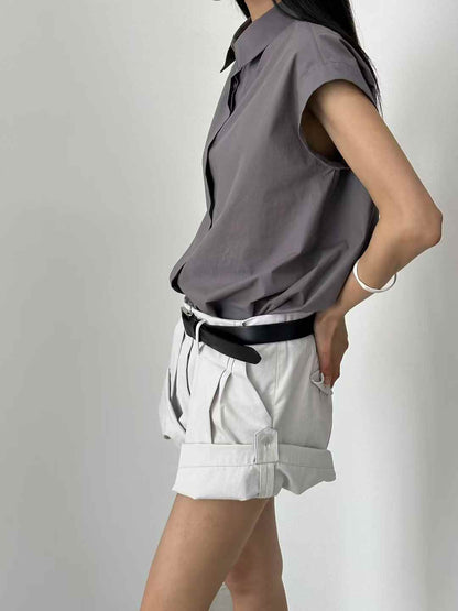 Korean Direct Shipping Minimalist Cap-Sleeve Button-Up Shirt