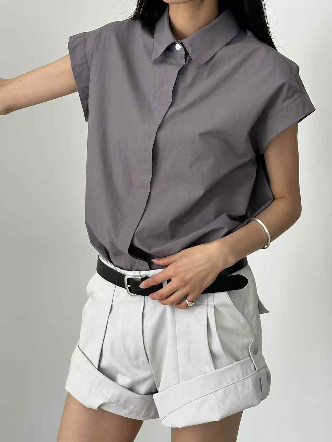 Korean Direct Shipping Minimalist Cap-Sleeve Button-Up Shirt