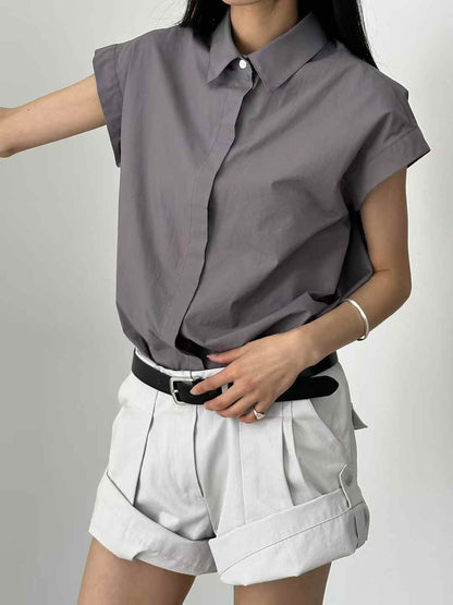 Korean Direct Shipping Minimalist Cap-Sleeve Button-Up Shirt