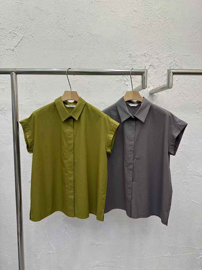 Korean Direct Shipping Minimalist Cap-Sleeve Button-Up Shirt