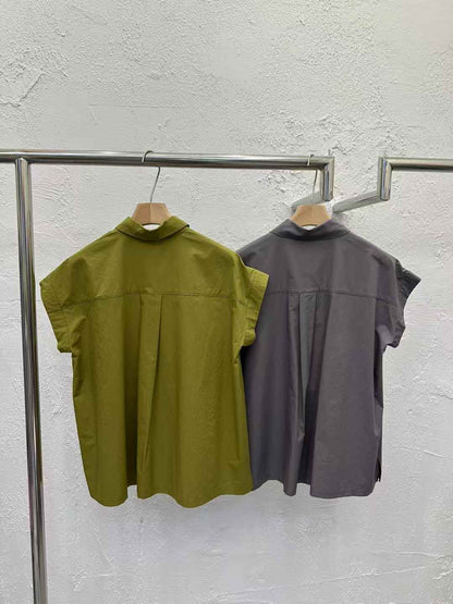 Korean Direct Shipping Minimalist Cap-Sleeve Button-Up Shirt
