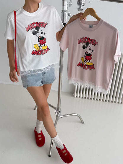 韓國直送Lace-Trimmed Mickey Chic Tee