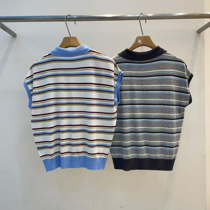 Korean direct delivery Retro Breeze Striped Polo Knit