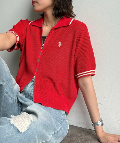 Direct from Japan US Polo Collared Zip Short-Sleeve Cardigan