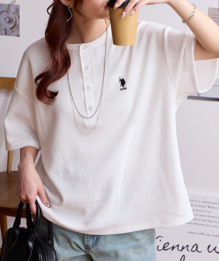 日本直送 U.S. POLO ASSN 別注 Embroidered Waffle Henley Neck Tee