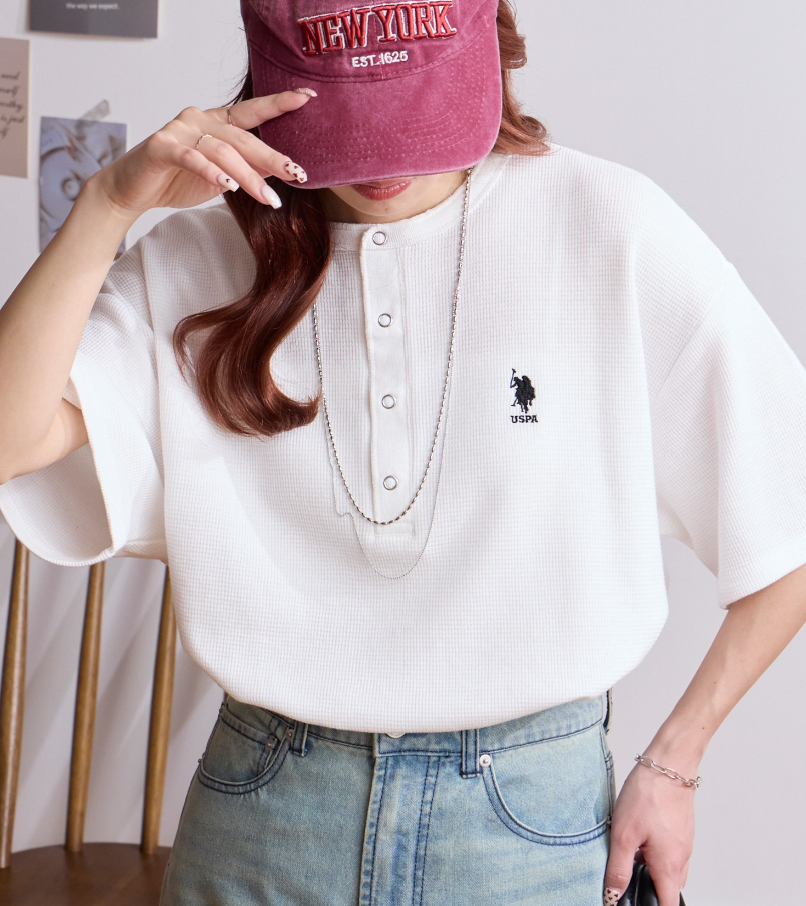日本直送 U.S. POLO ASSN 別注 Embroidered Waffle Henley Neck Tee