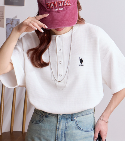 日本直送 U.S. POLO ASSN 別注 Embroidered Waffle Henley Neck Tee