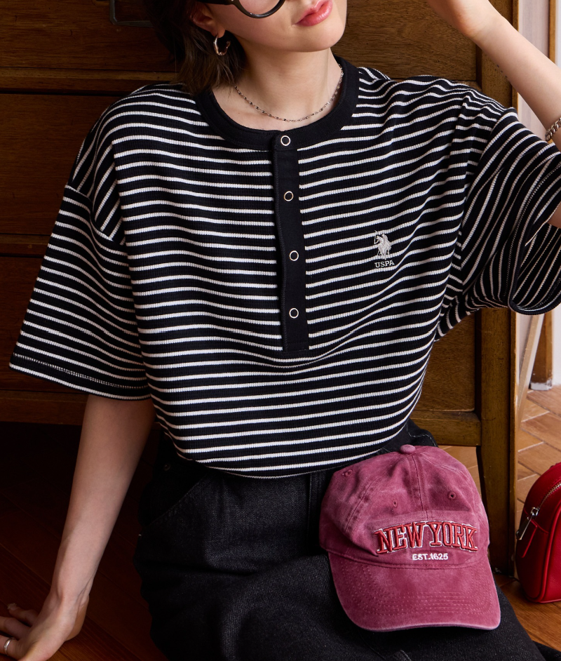 日本直送 U.S. POLO ASSN 別注 Embroidered Waffle Henley Neck Tee
