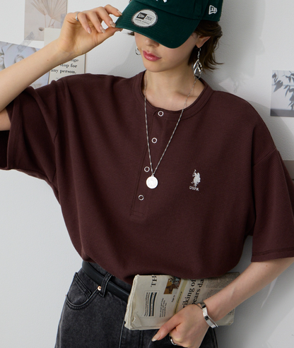 日本直送 U.S. POLO ASSN 別注 Embroidered Waffle Henley Neck Tee