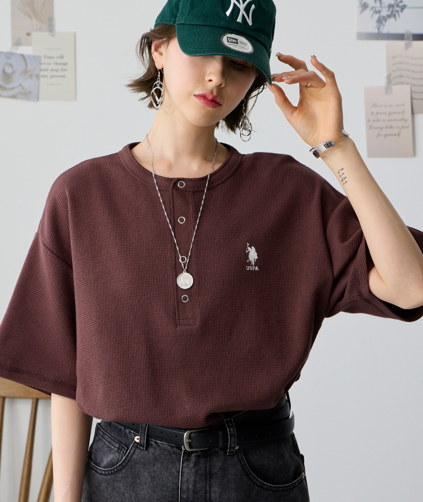 日本直送 U.S. POLO ASSN 別注 Embroidered Waffle Henley Neck Tee