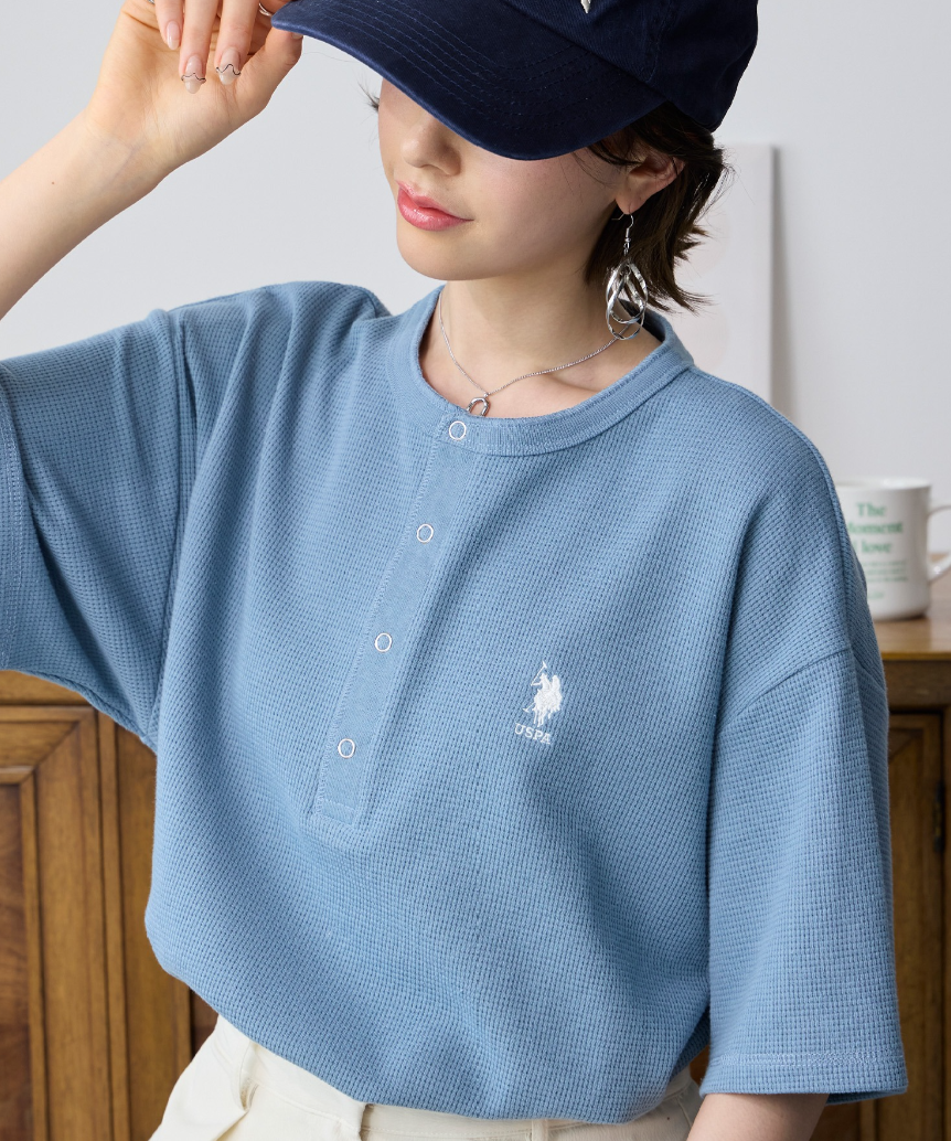 日本直送 U.S. POLO ASSN 別注 Embroidered Waffle Henley Neck Tee