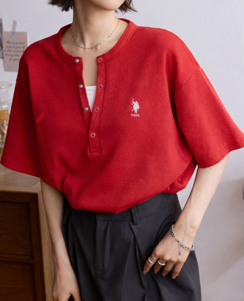 日本直送 U.S. POLO ASSN 別注 Embroidered Waffle Henley Neck Tee