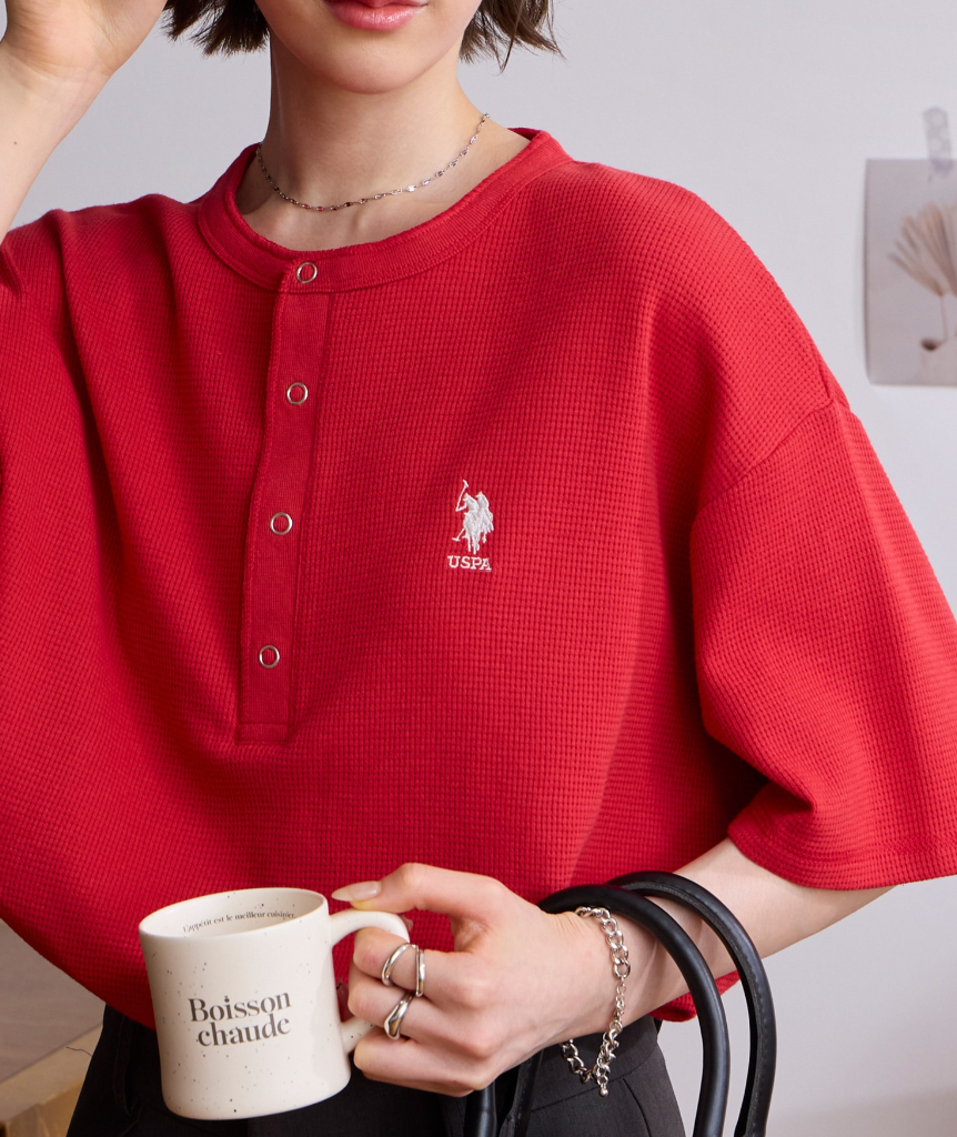 日本直送 U.S. POLO ASSN 別注 Embroidered Waffle Henley Neck Tee