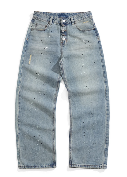 Alfaer Paint Splatter Straight Blue Washed Jeans