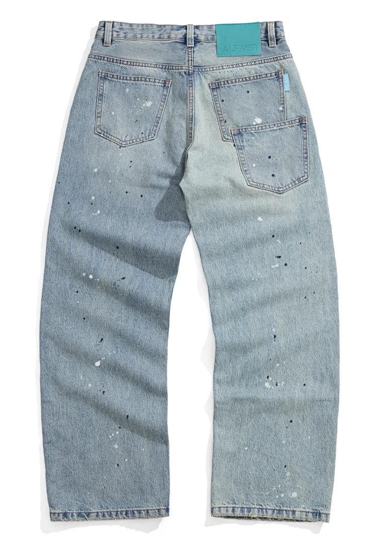 Alfaer Paint Splatter Straight Blue Washed Jeans
