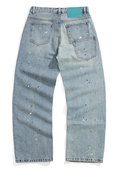 Alfaer Paint Splatter Straight Blue Washed Jeans