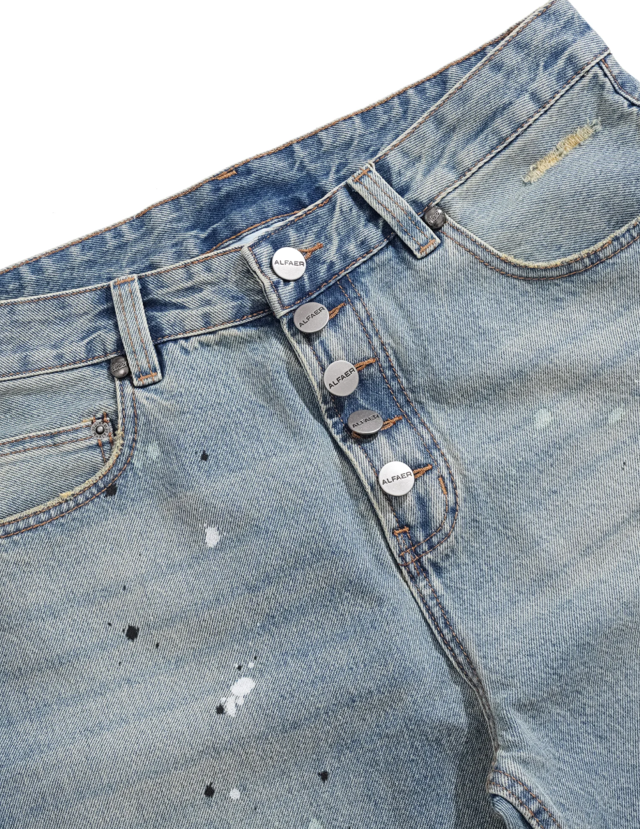 Alfaer Paint Splatter Straight Blue Washed Jeans