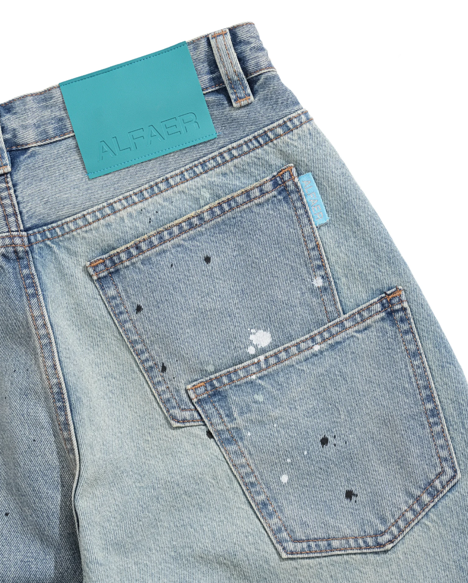 Alfaer Paint Splatter Straight Blue Washed Jeans