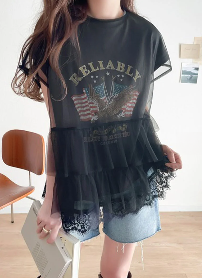 日本直送JaVa Multi-Way Back Tiered Tulle &amp; Rock Tee